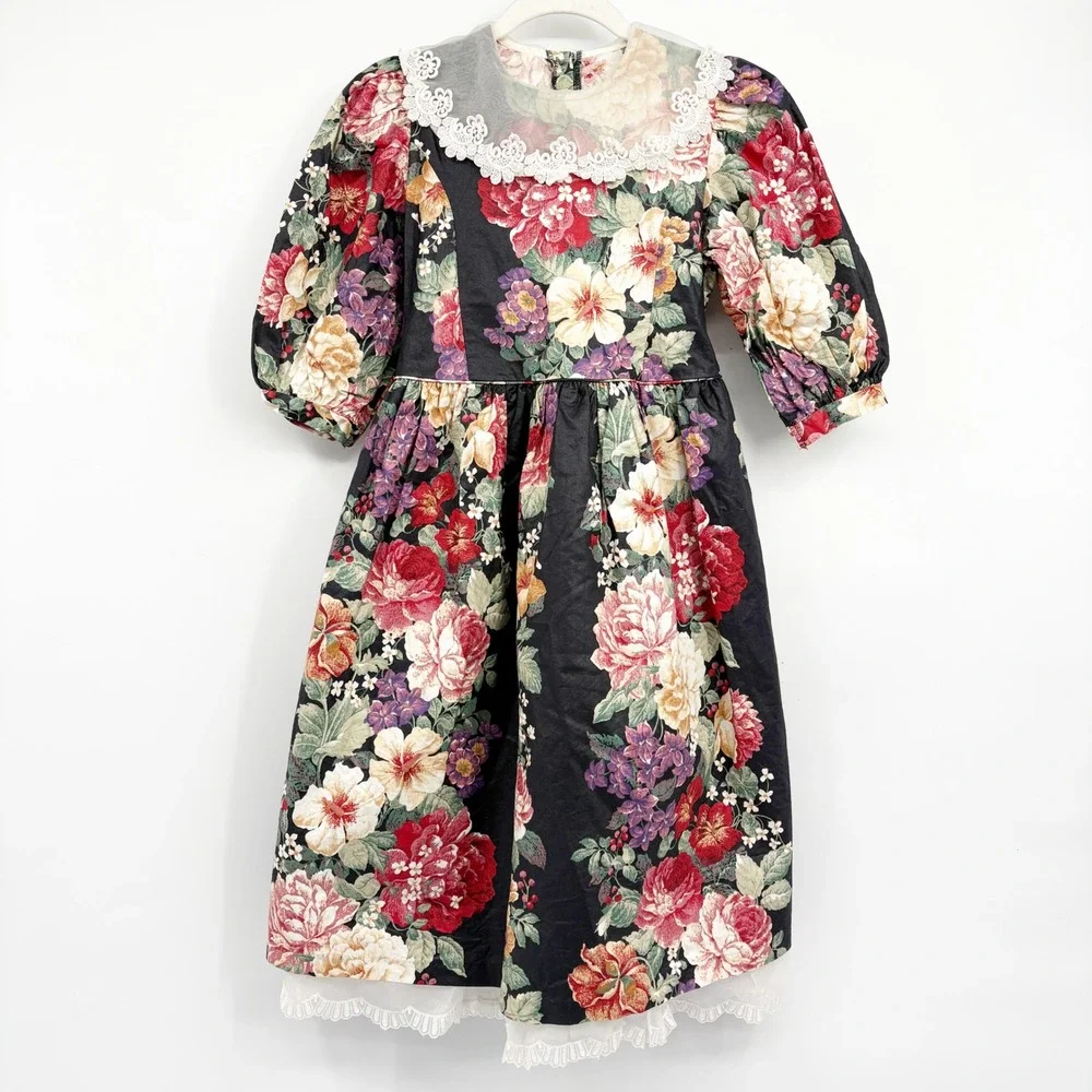 Anne Savoy Girls Vintage Floral Lace Trim Victorian Cottagecore Party Dress 12